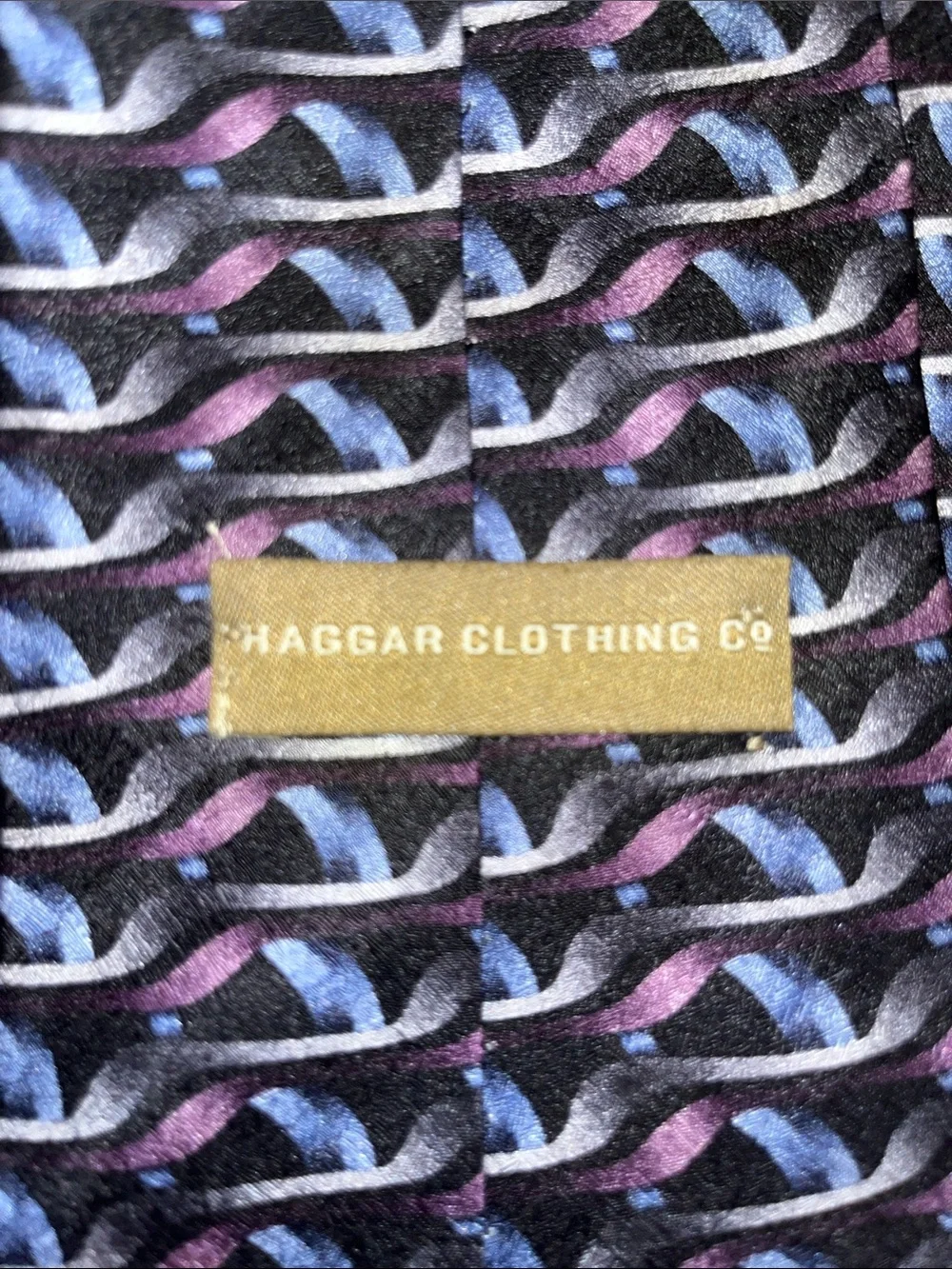 Haggar Black Tie with Purple and Light Blue Wave Motifs